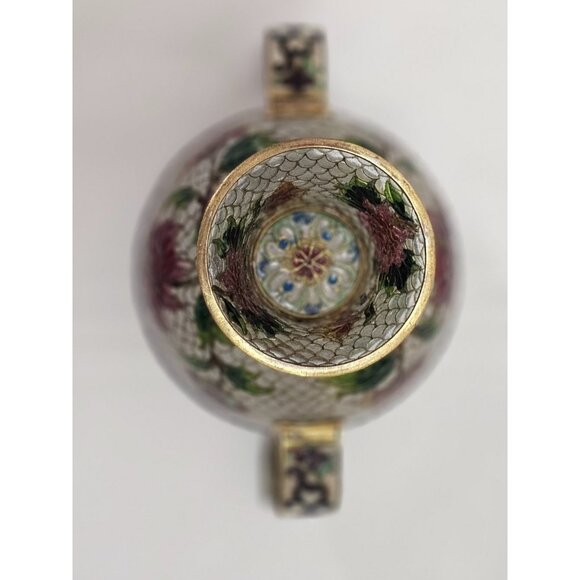 Cloisonne Plique-a-Jour Bowl & Covered Incense Burner Floral Butterfly Design - Picture 7 of 15